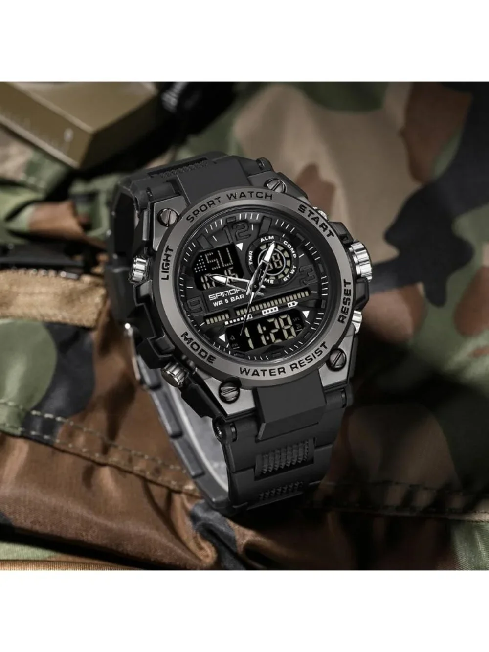 Men All Black Analog Quartz Sports Outdoor Waterproof Military LED Digital Watch